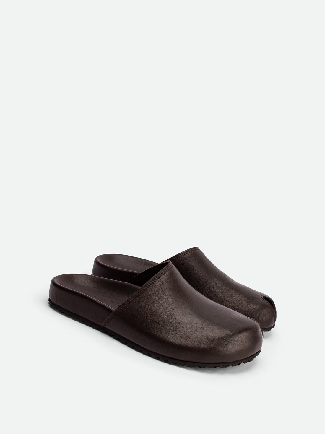 Olga Brown Leather Mules - Angled Side View - POEVE Collection