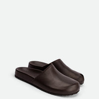 Olga Brown Leather Mules - Angled Side View - POEVE Collection