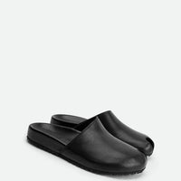 Olga Black Leather Mules - Angled Side View - POEVE Collection