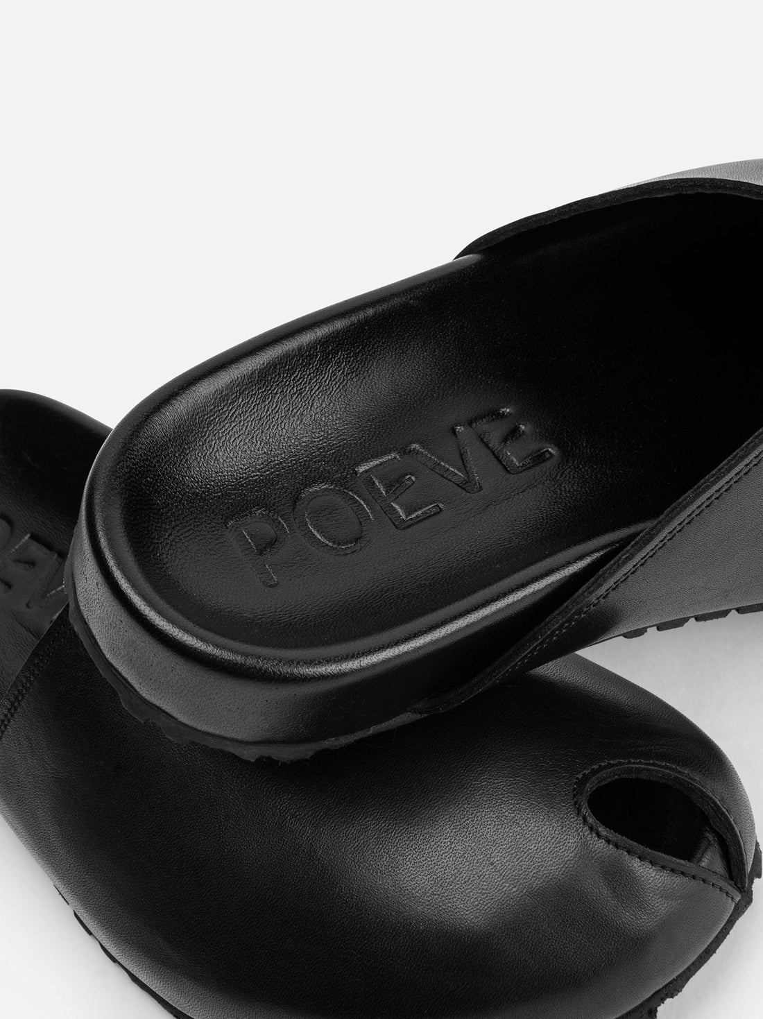 Olga Black Leather Mules - Insole Logo Close-up View - POEVE Collection