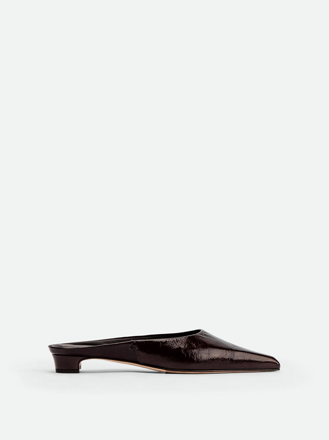 Faye Brown Crinkled Patent Leather Mules - Side View - POEVE Collection