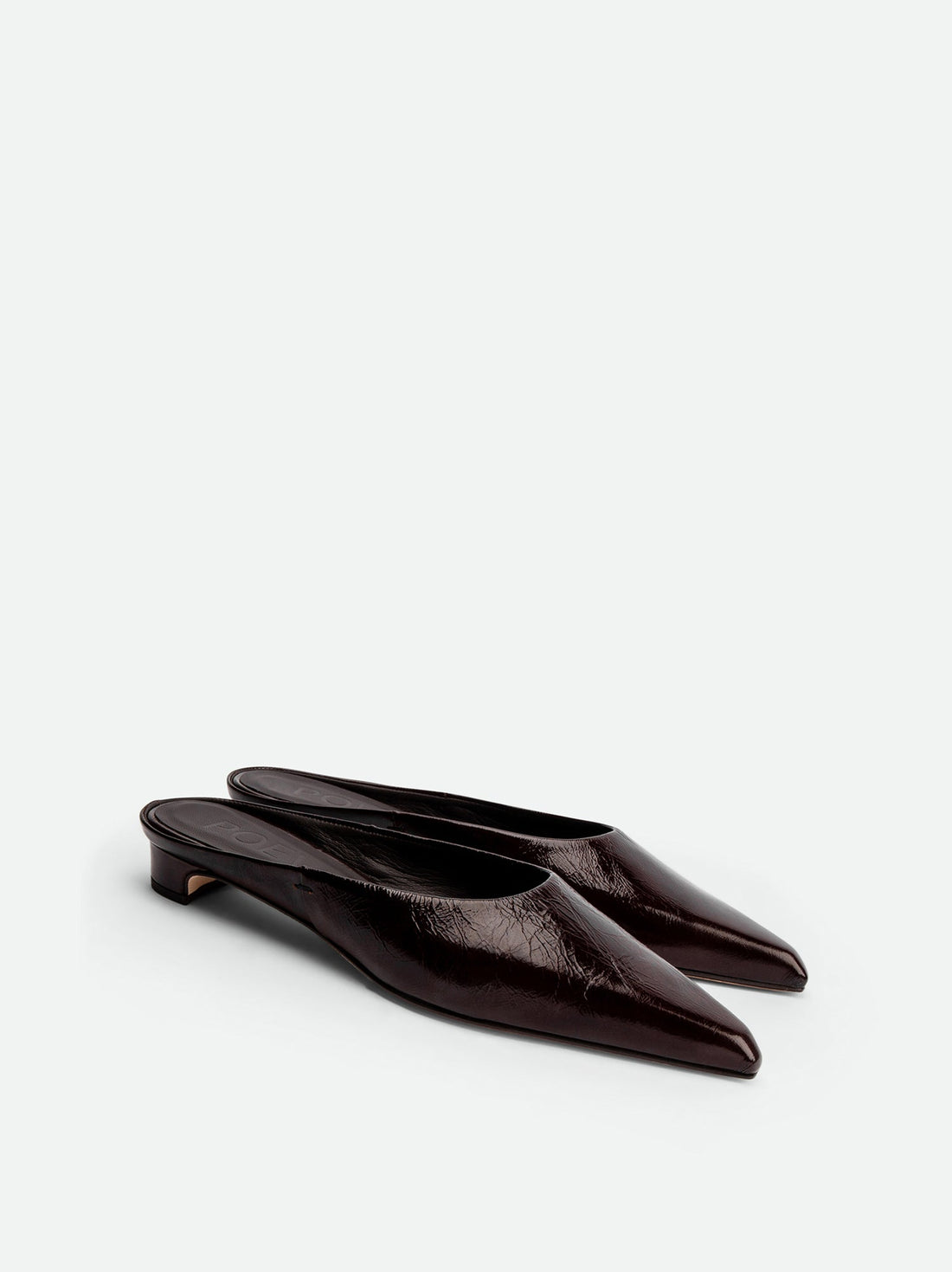 Faye Brown Crinkled Patent Leather Mules - Angled Side View - POEVE Collection