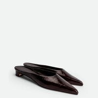 Faye Brown Crinkled Patent Leather Mules - Angled Side View - POEVE Collection
