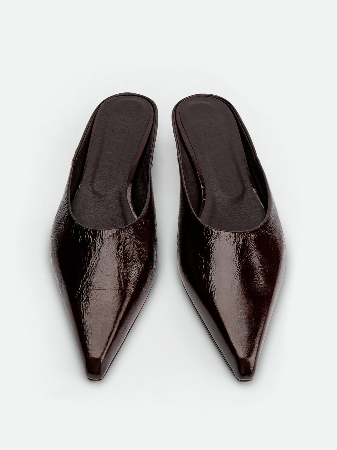 Faye Brown Crinkled Patent Leather Mules - Top View - POEVE Collection