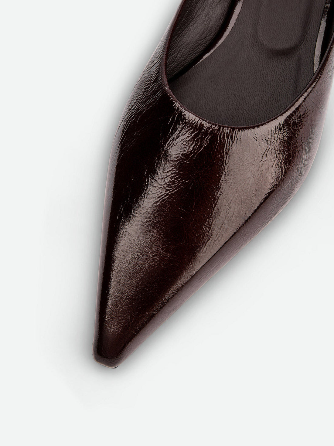 Faye Brown Crinkled Patent Leather Mules - Toe Close-up View - POEVE Collection