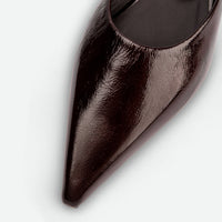 Faye Brown Crinkled Patent Leather Mules - Toe Close-up View - POEVE Collection