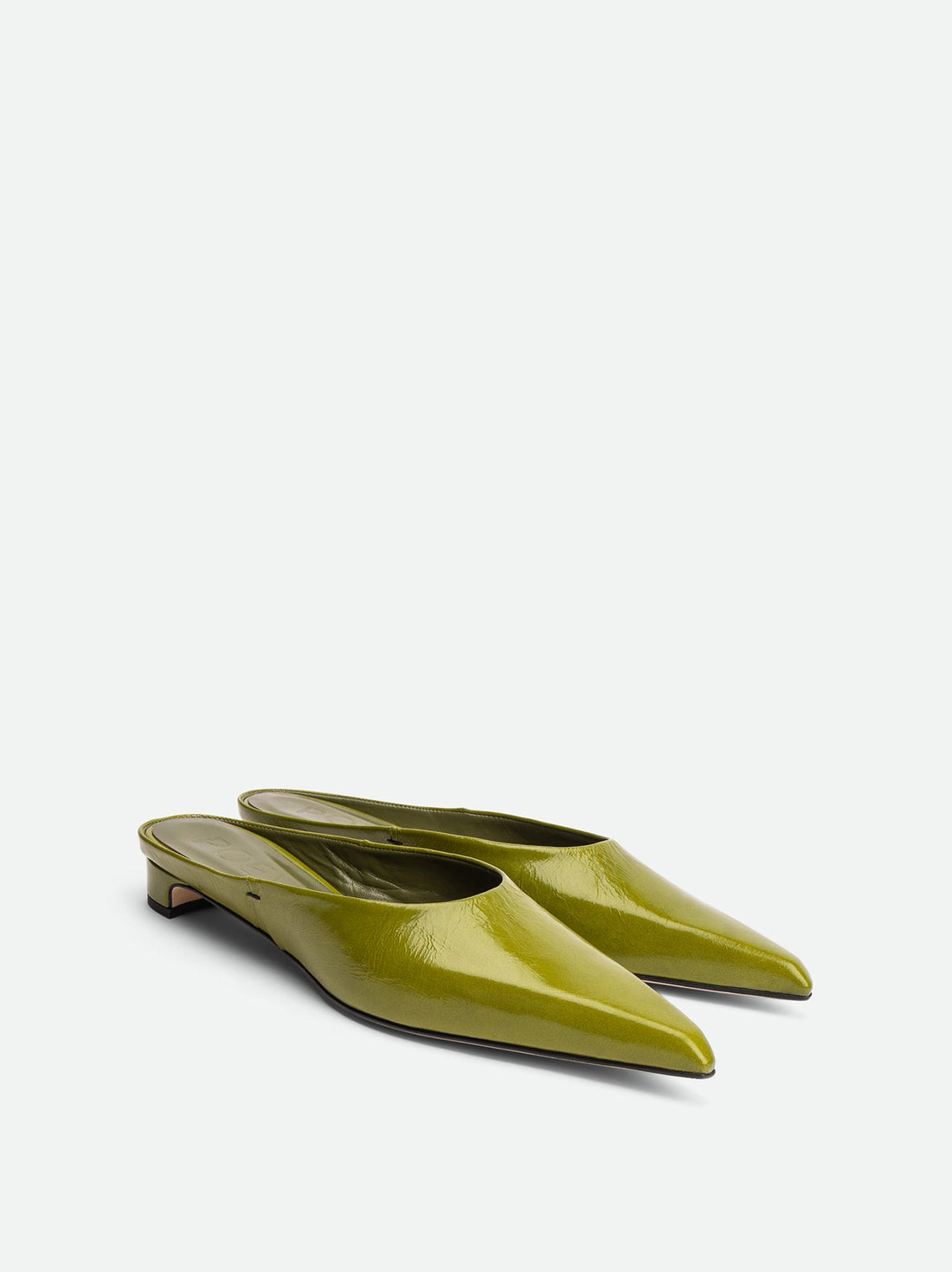 Faye Green Crinkled Patent Leather Mules - Angled Side View - POEVE Collection