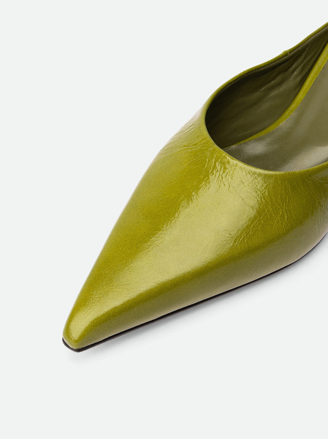 Faye Green Crinkled Patent Leather Mules - Toe Close-up View - POEVE Collection
