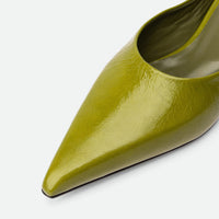 Faye Green Crinkled Patent Leather Mules - Toe Close-up View - POEVE Collection