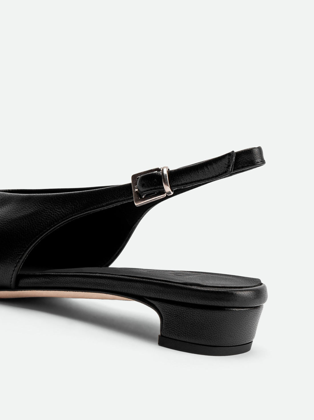 Seline Black Leather Slingbacks - Heel Close-up View - POEVE Collection