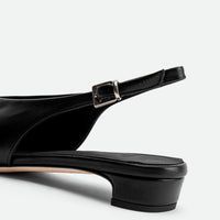 Seline Black Leather Slingbacks - Heel Close-up View - POEVE Collection