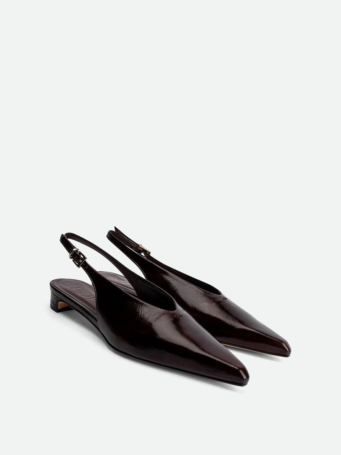Seline Brown Crinkled Patent Leather Slingbacks - Angled Side View - POEVE Collection
