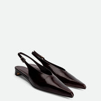 Seline Brown Crinkled Patent Leather Slingbacks - Angled Side View - POEVE Collection