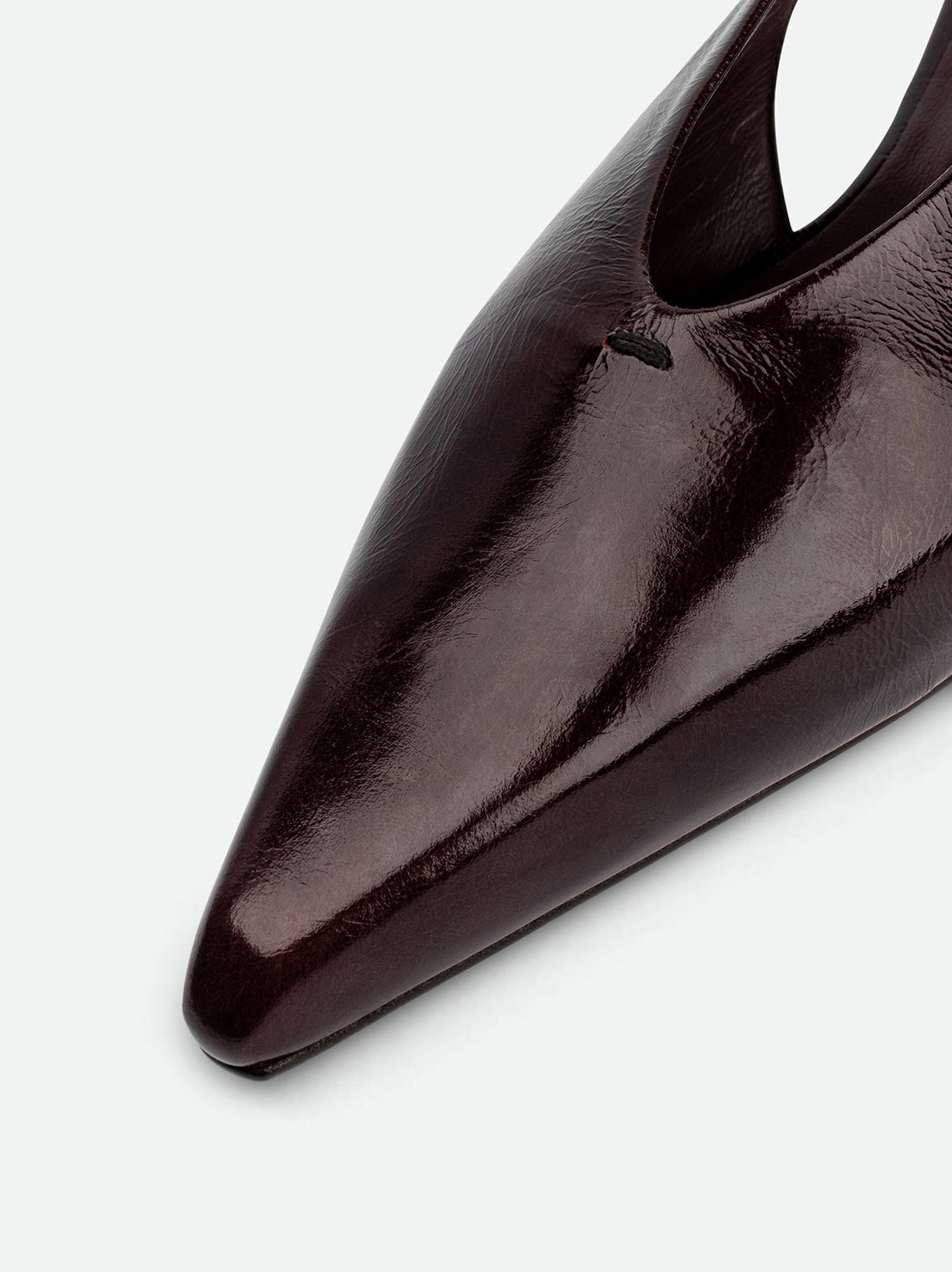 Seline Brown Crinkled Patent Leather Slingbacks - Toe Close-up View - POEVE Collection