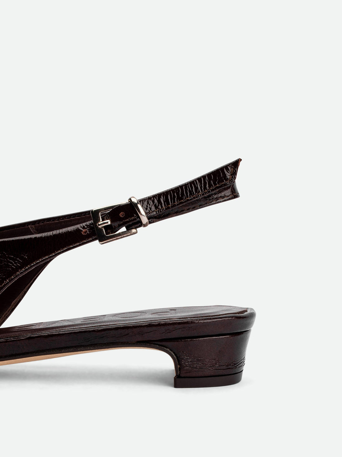 Seline Brown Crinkled Patent Leather Slingbacks - Heel Close-up View - POEVE Collection