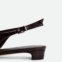 Seline Brown Crinkled Patent Leather Slingbacks - Heel Close-up View - POEVE Collection