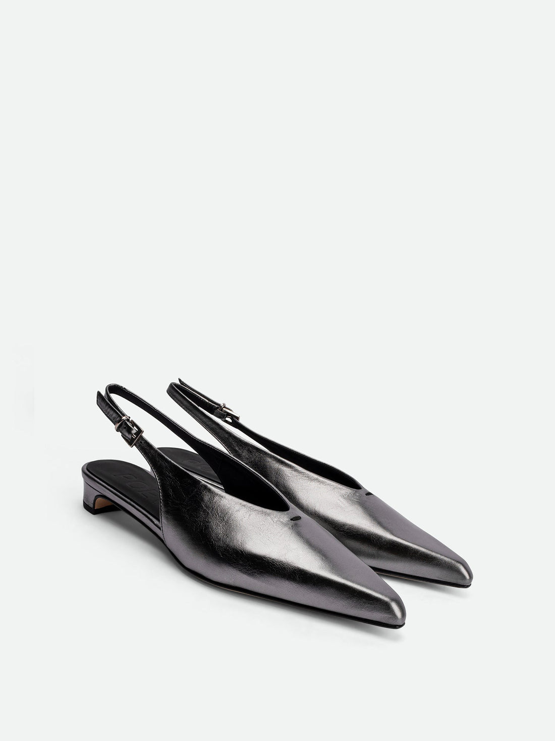 Seline Silver Laminated Leather Slingbacks - Angled Side View - POEVE Collection