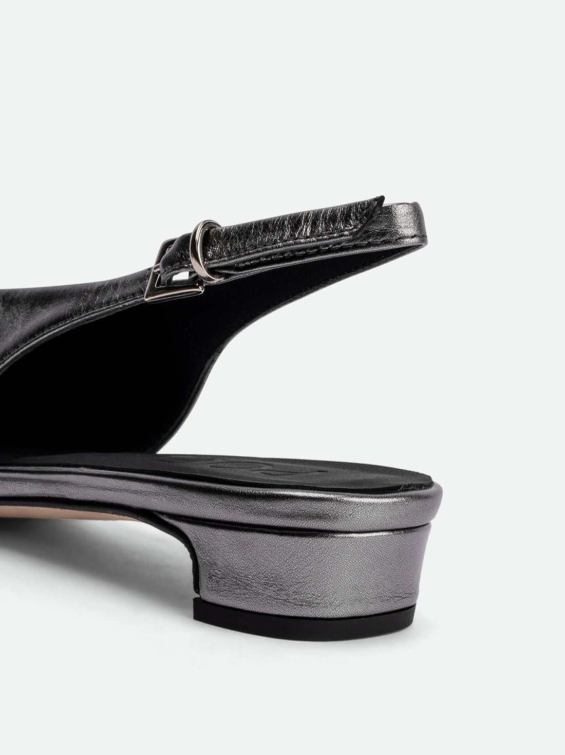 Seline Silver Laminated Leather Slingbacks - Heel Close-up View - POEVE Collection