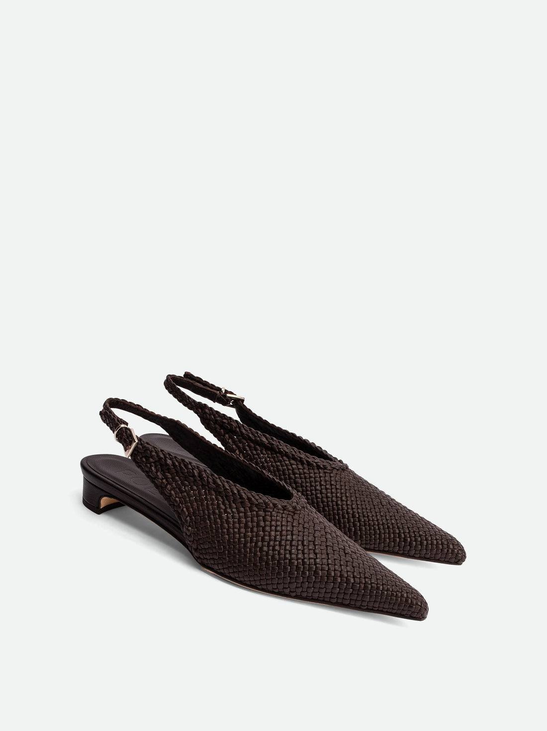 Rhea Brown Woven Leather Slingback Pumps - Angled Side View - POEVE Collection