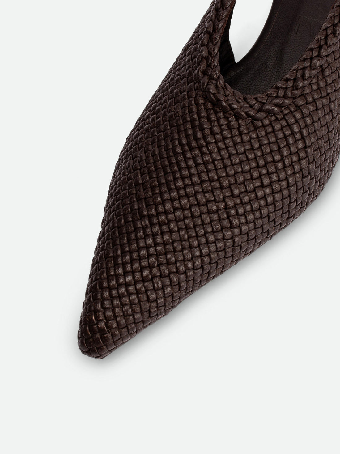 Rhea Brown Woven Leather Slingback Pumps - Close-up View - POEVE Collection