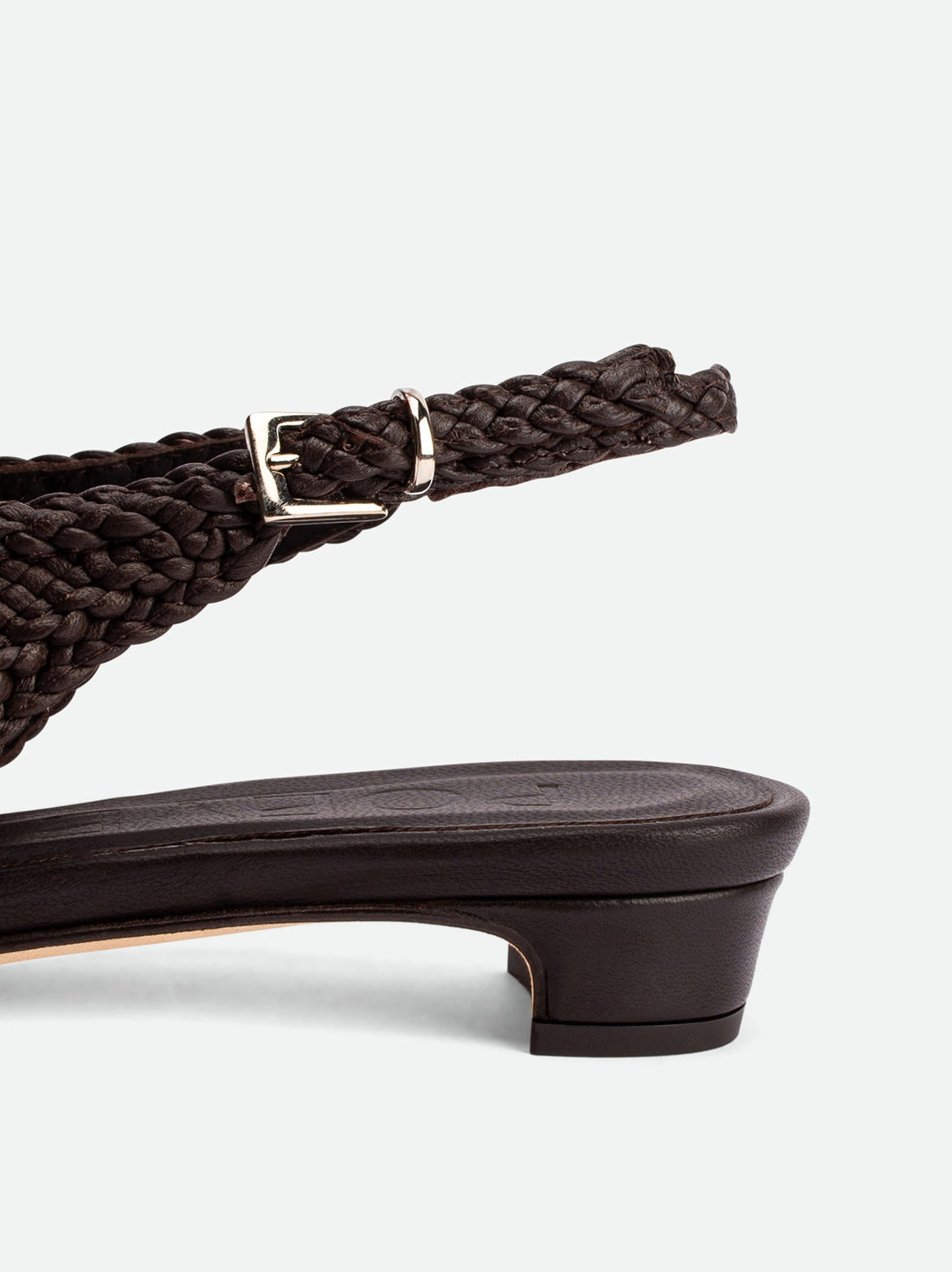 Rhea Brown Woven Leather Slingback Pumps - Close-up Buckle and Heel - POEVE Collection