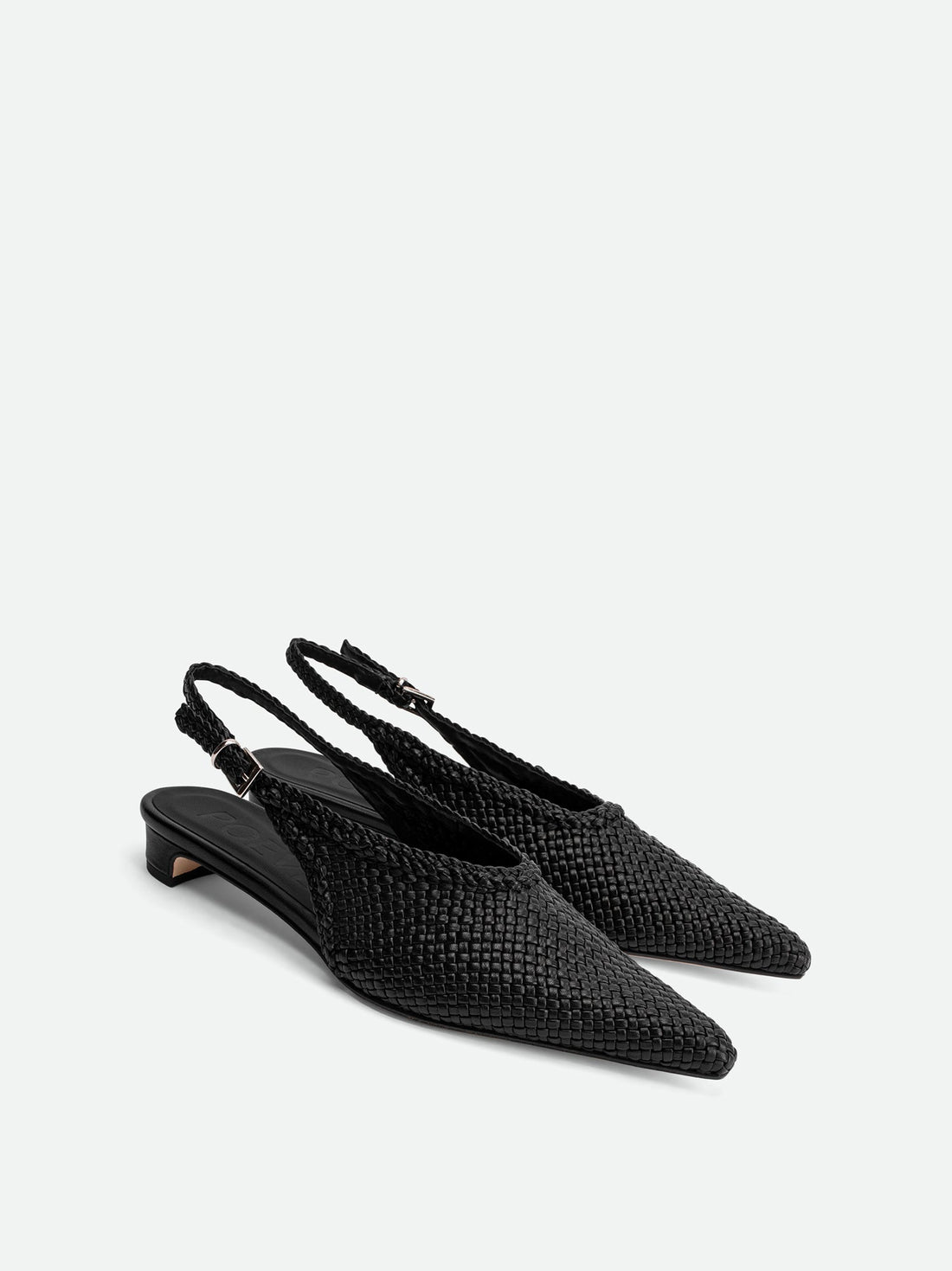 Rhea Black Woven Leather Slingback Pumps - Angled Side View - POEVE Collection
