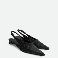 Rhea Black Woven Leather Slingback Pumps - Angled Side View - POEVE Collection