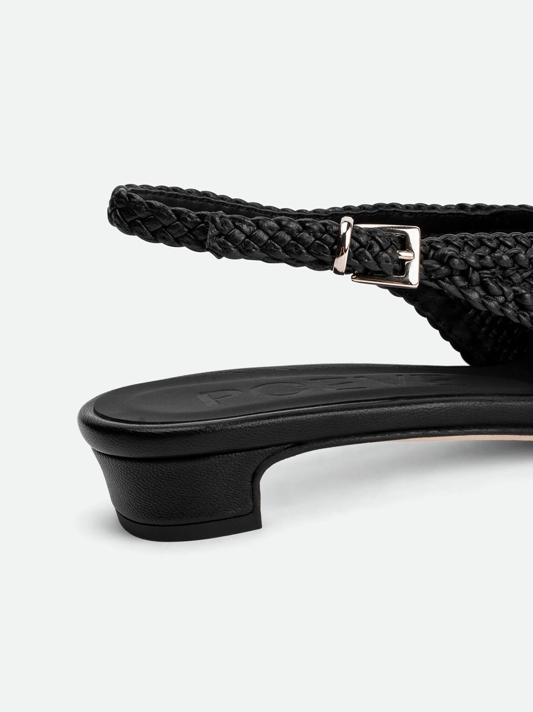 Rhea Black Woven Leather Slingback Pumps - Buckle and Heel Close-up View - POEVE Collection