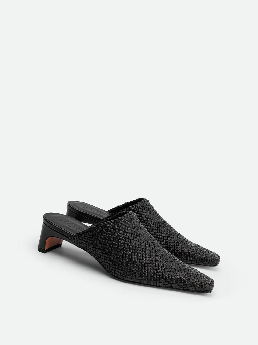 Sable Black Hand-Woven Leather Heel Mules - Angled Side View - POEVE Collection
