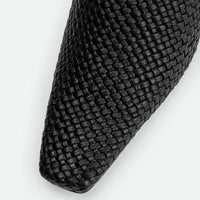 Sable Black Hand-Woven Leather Heel Mules - Toe Close-up View - POEVE Collection