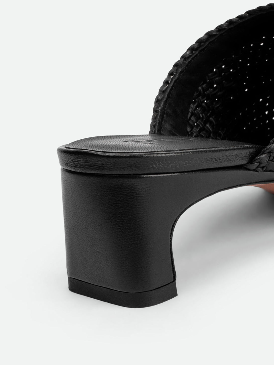Sable Black Hand-Woven Leather Heel Mules - Heel Close-up View - POEVE Collection