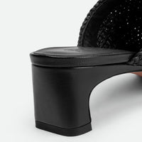 Sable Black Hand-Woven Leather Heel Mules - Heel Close-up View - POEVE Collection