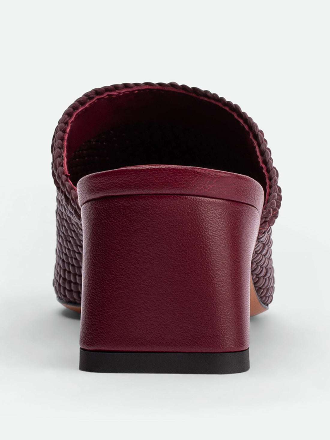 Sable Bordeaux Hand-Woven Leather Heel Mules - Heel Close-up View - POEVE Collection