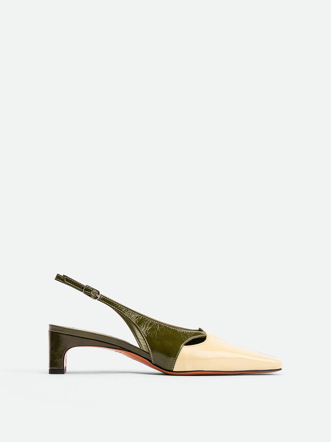 Marigold Green and Cream Crinkled Patent Leather Heel Slingbacks - Side View - POEVE Collection