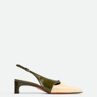 Marigold Green and Cream Crinkled Patent Leather Heel Slingbacks - Side View - POEVE Collection
