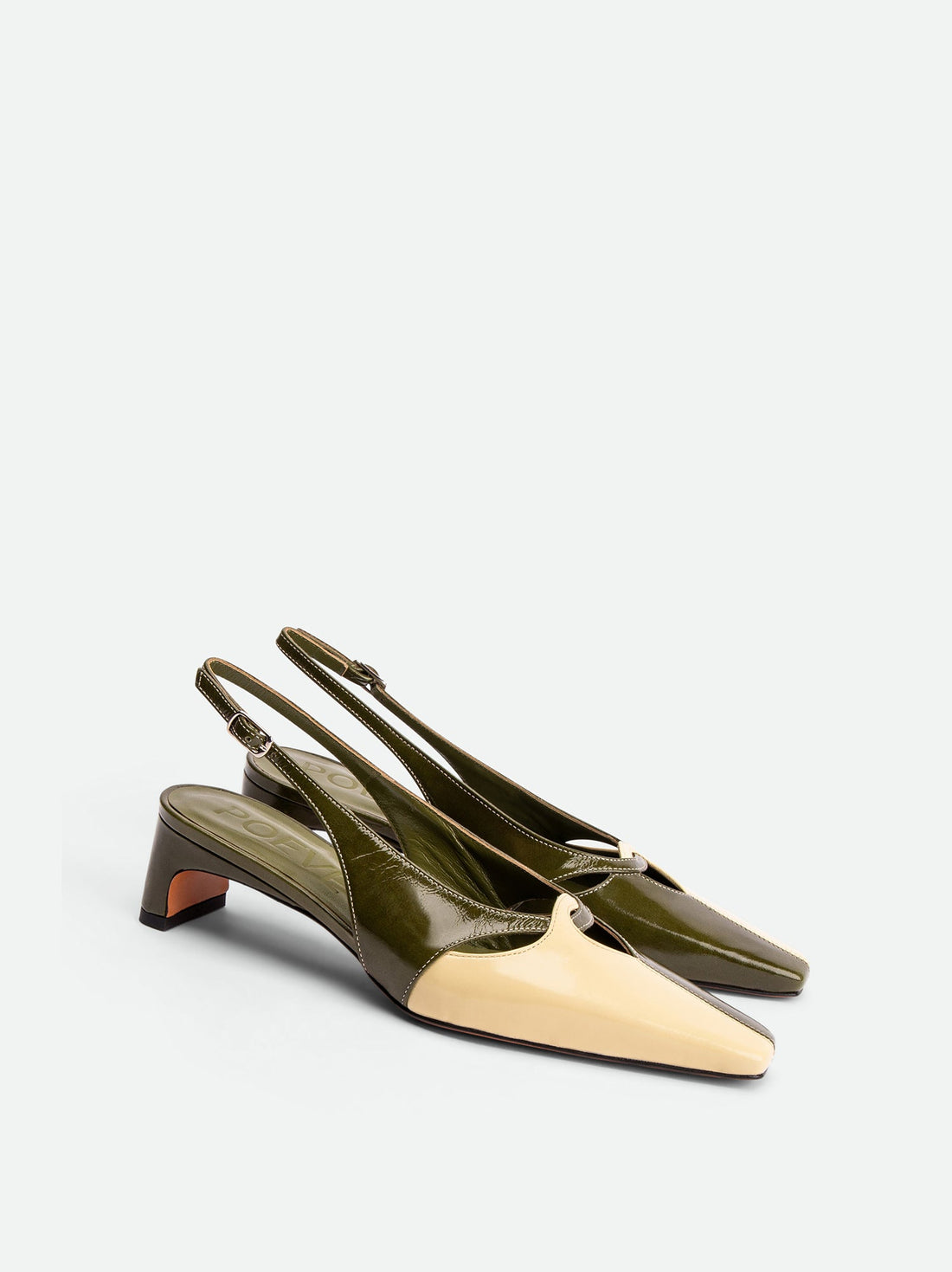 Marigold Green and Cream Crinkled Patent Leather Heel Slingbacks - Angled Side View - POEVE Collection