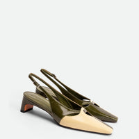 Marigold Green and Cream Crinkled Patent Leather Heel Slingbacks - Angled Side View - POEVE Collection