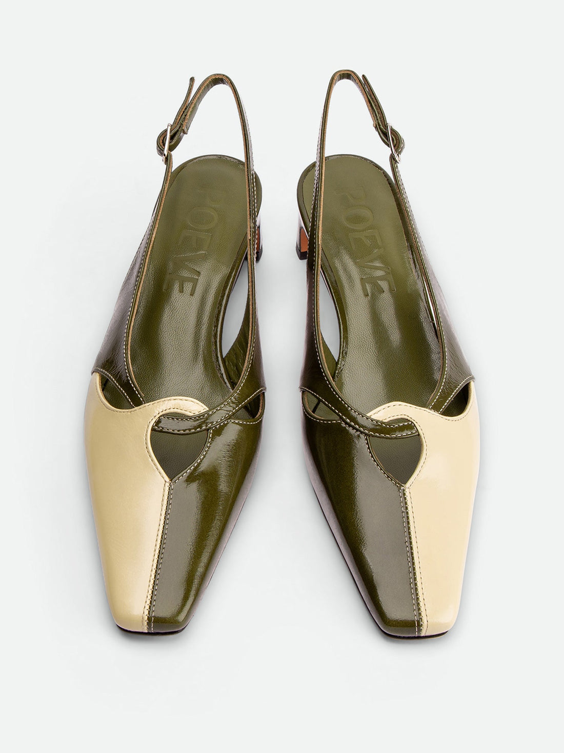 Marigold Green and Cream Crinkled Patent Leather Heel Slingbacks - Top View - POEVE Collection