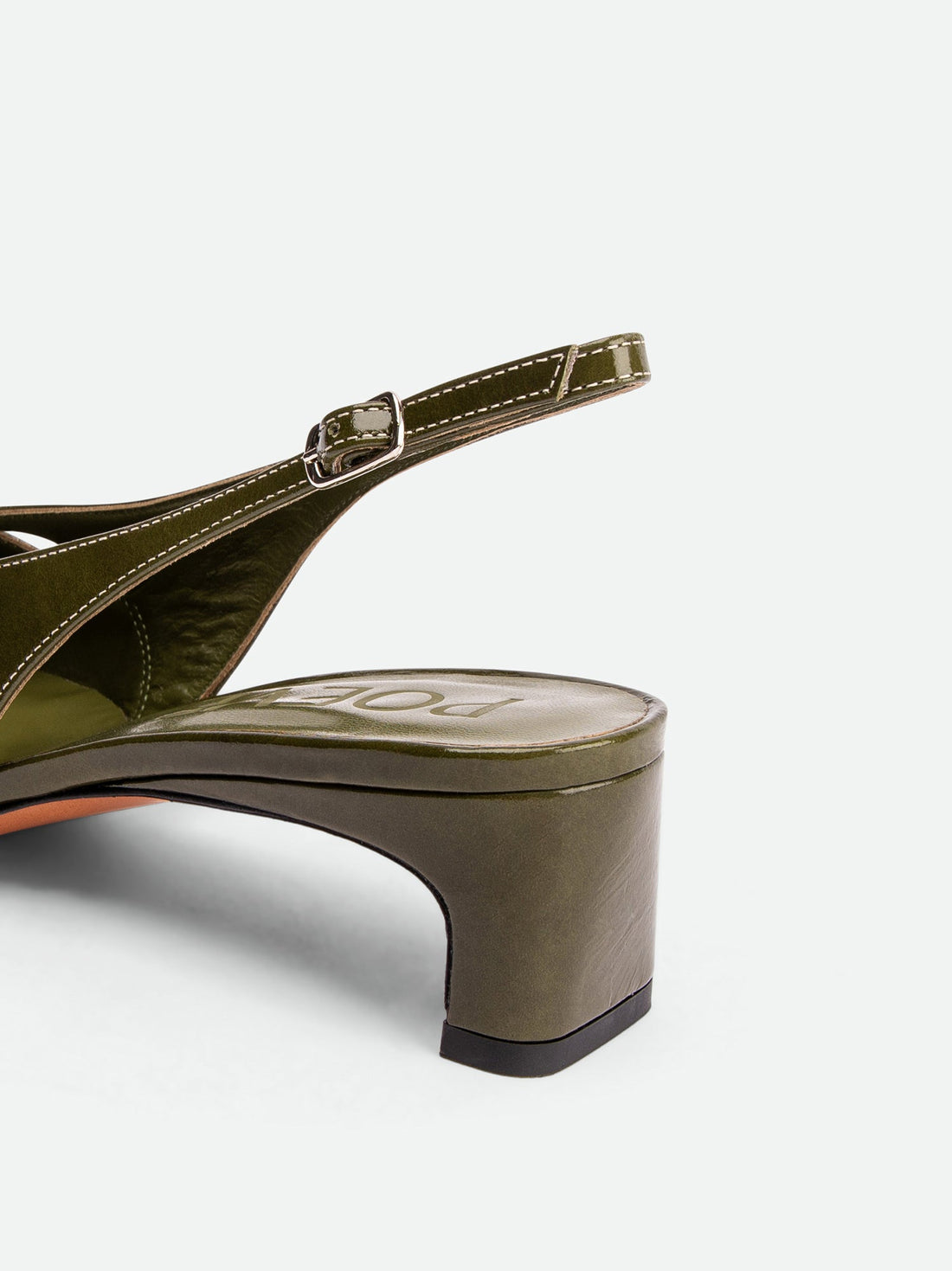 Marigold Green and Cream Crinkled Patent Leather Heel Slingbacks - Heel Close-up View - POEVE Collection