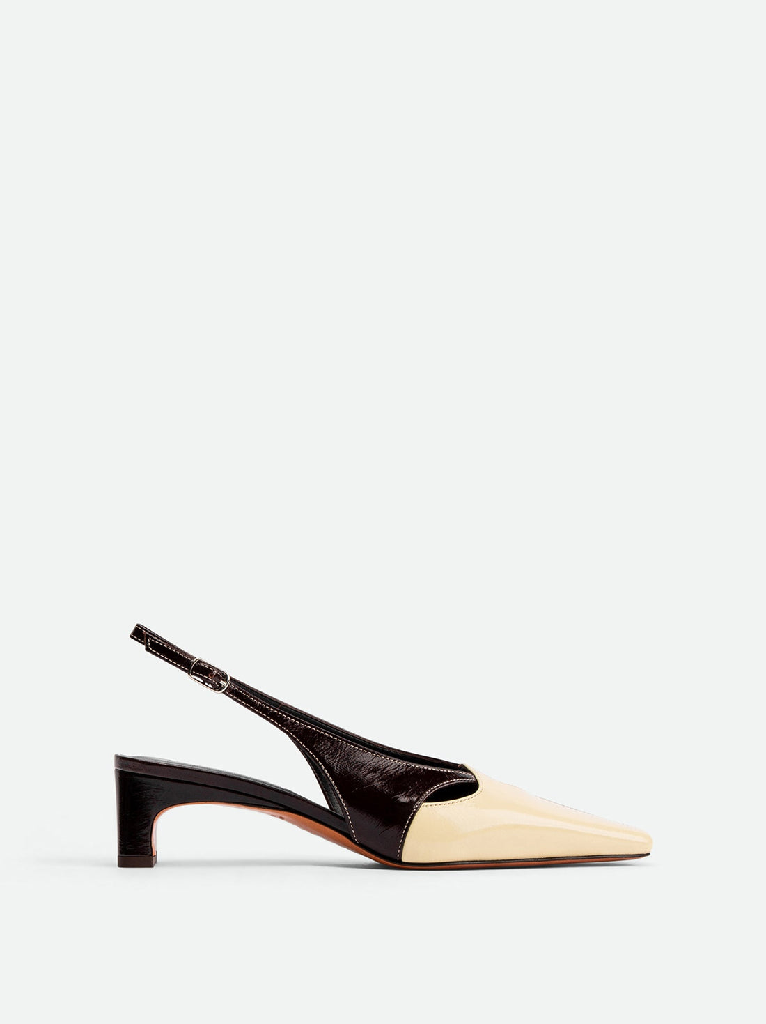 Marigold Brown and Cream Crinkled Patent Leather Heel Slingbacks - Side View - POEVE Collection