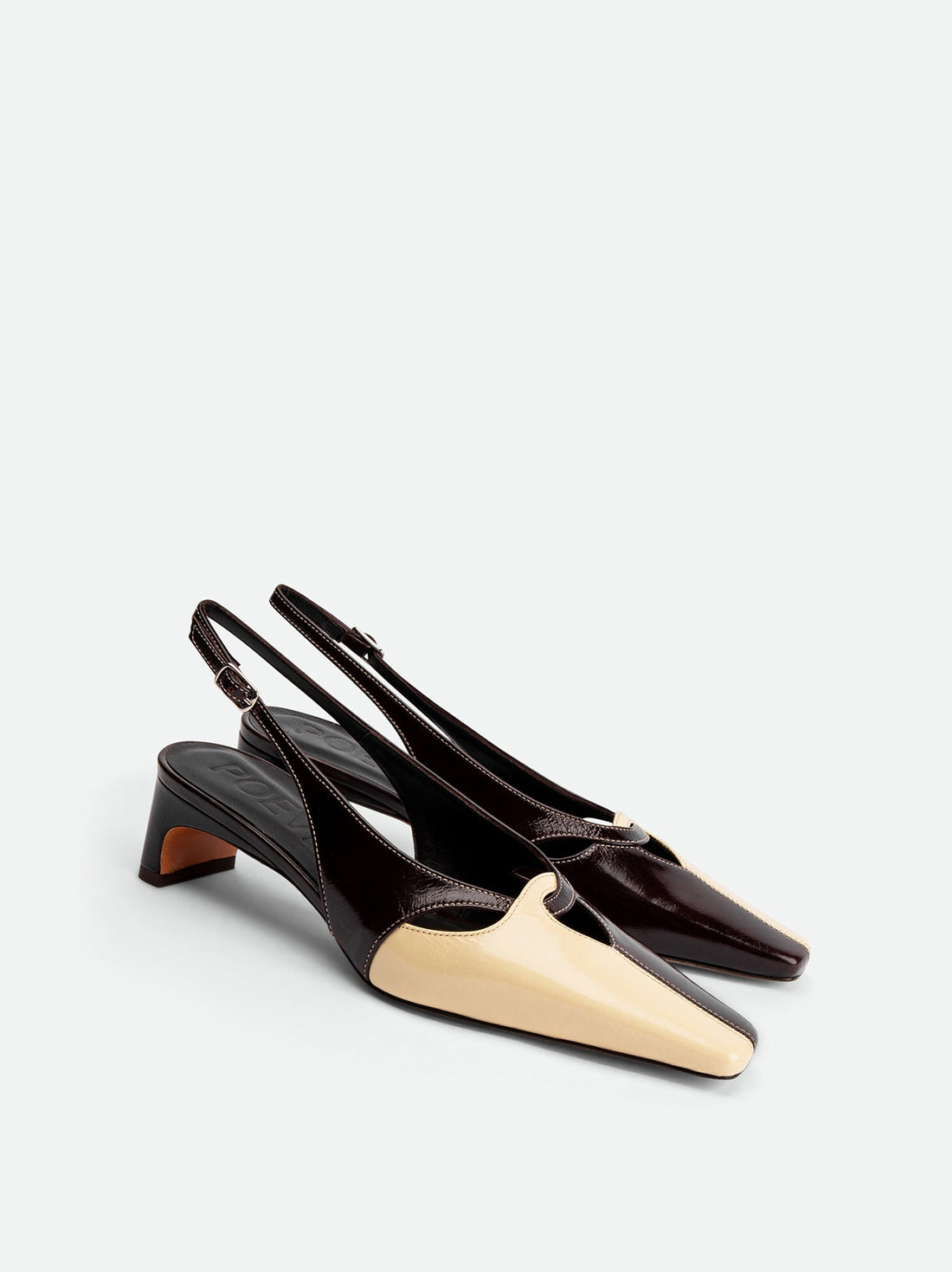 Marigold Brown and Cream Crinkled Patent Leather Heel Slingbacks - Angled Side View - POEVE Collection