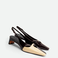 Marigold Brown and Cream Crinkled Patent Leather Heel Slingbacks - Angled Side View - POEVE Collection