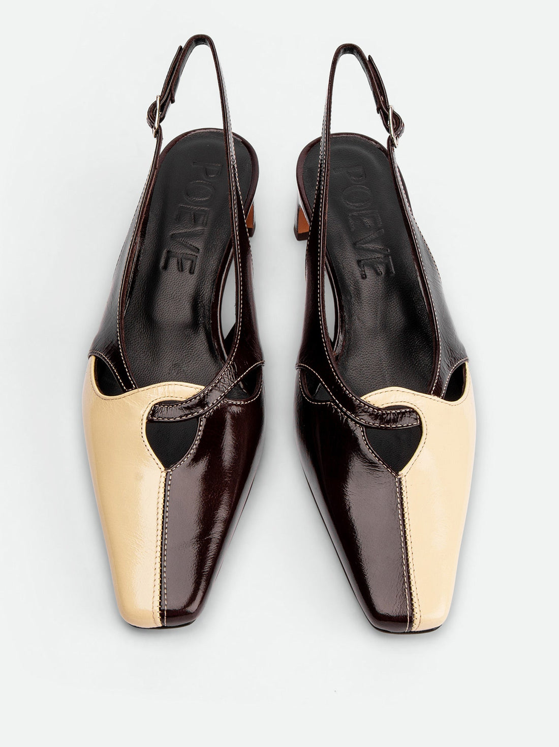 Marigold Brown and Cream Crinkled Patent Leather Heel Slingbacks - Top View - POEVE Collection