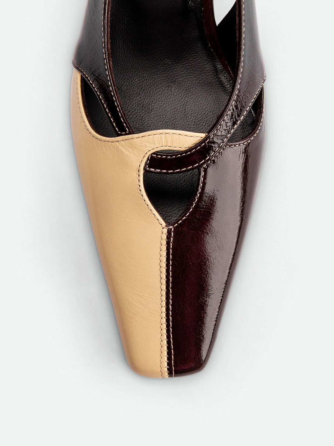 Marigold Brown and Cream Crinkled Patent Leather Heel Slingbacks - Toe Close-up View - POEVE Collection