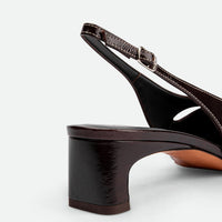 Marigold Brown and Cream Crinkled Patent Leather Heel Slingbacks - Heel Close-up View - POEVE Collection