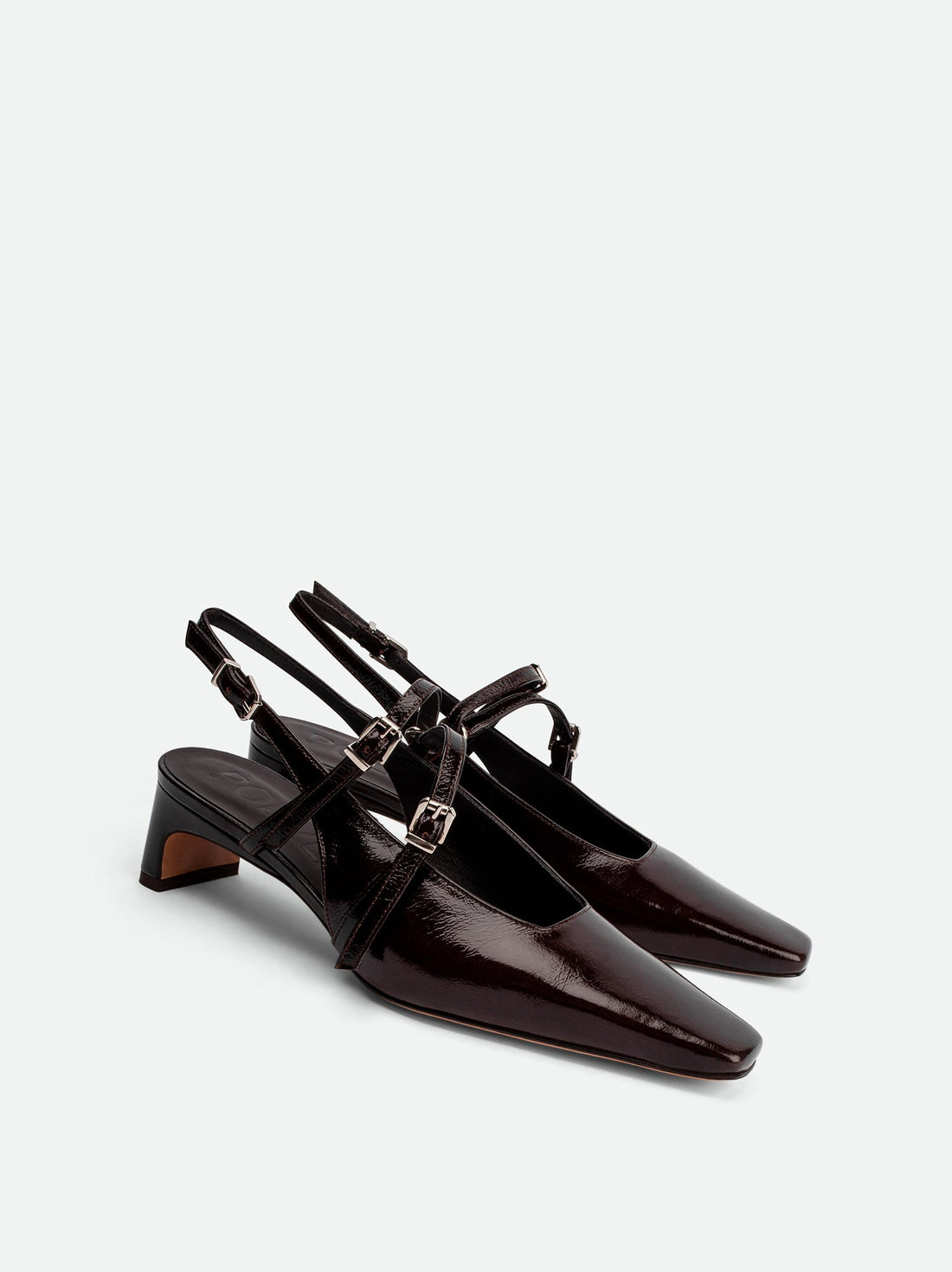 Harper Brown Patent Leather Heel Slingbacks - Angled Side View - POEVE Collection
