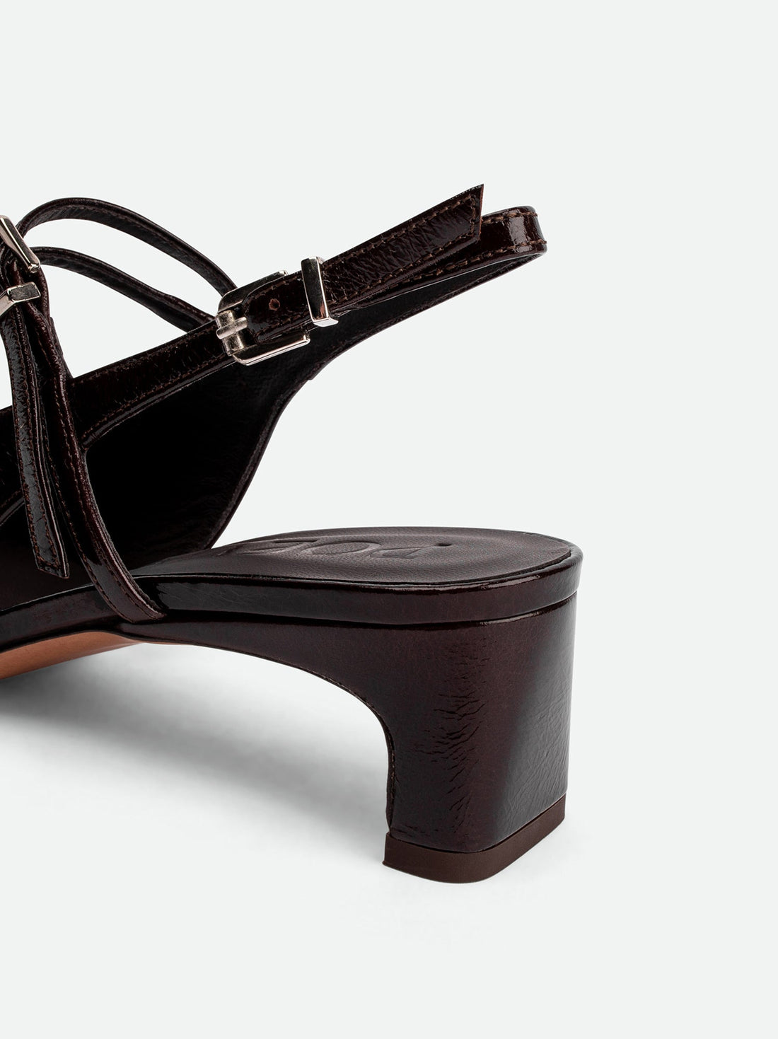 Harper Brown Patent Leather Heel Slingbacks - Heel Close-up View - POEVE Collection
