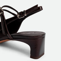 Harper Brown Patent Leather Heel Slingbacks - Heel Close-up View - POEVE Collection