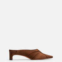 Marina Brown Satin Mules - Side View - POEVE Collection