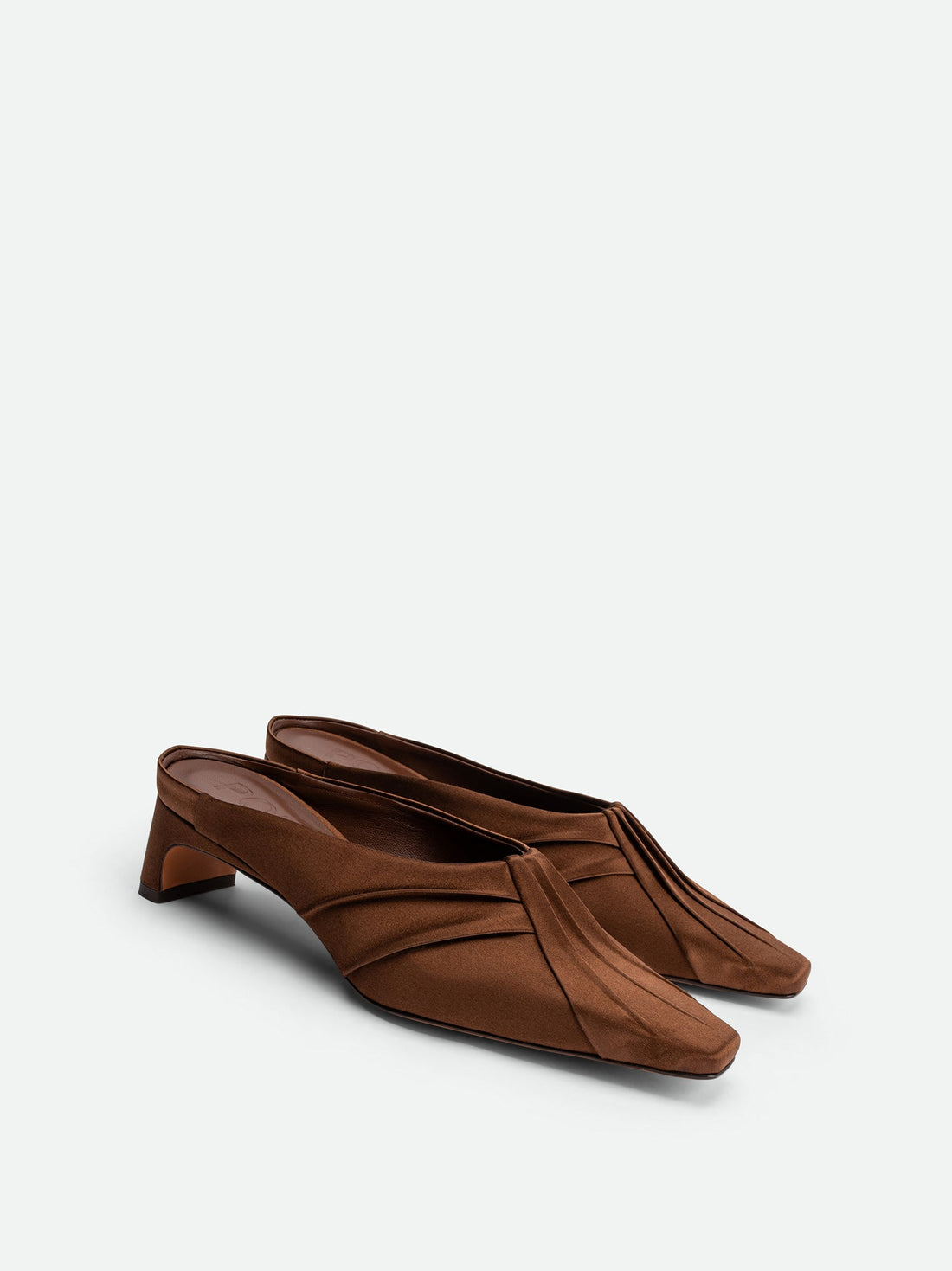 Marina Brown Satin Mules - Angled Side View - POEVE Collection